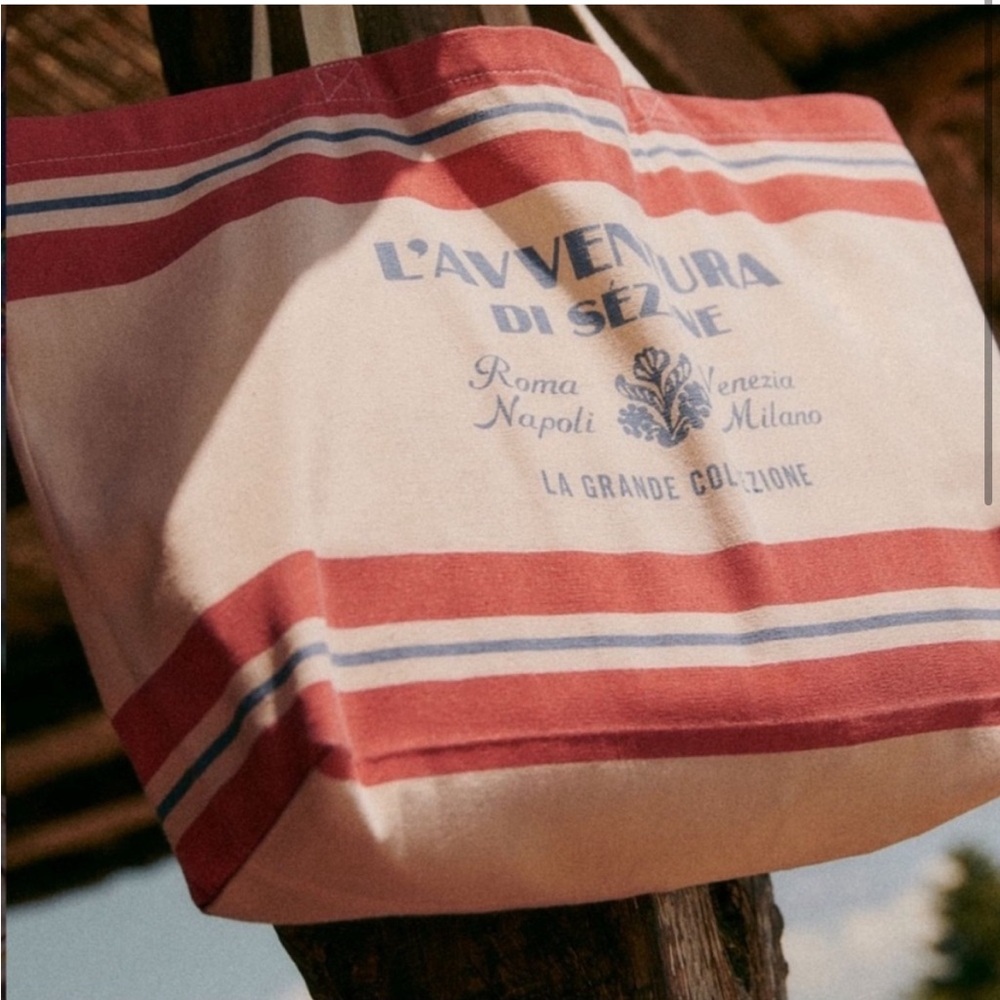 NWOT L'Avventura di Sezane Italy Roma Milano Large Striped Cotton Tote Bag